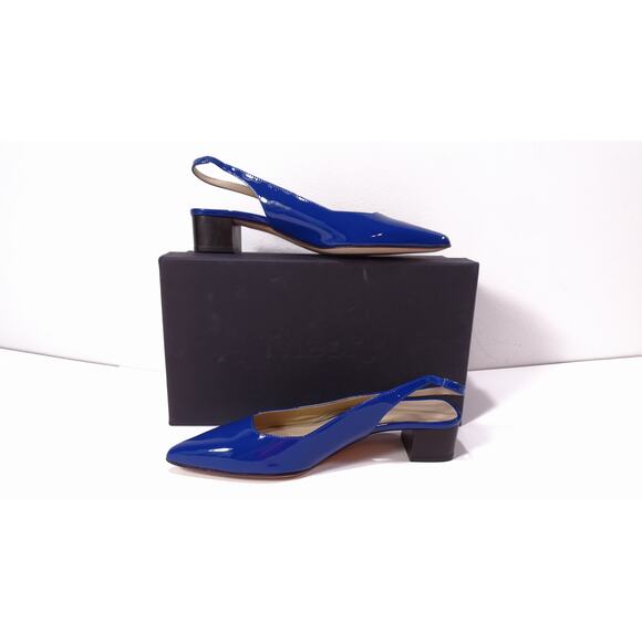 Theory Women's Block Heel Slingback in Patent Leather Sz 37 NIB 355 BLUE - Picture 2 of 9